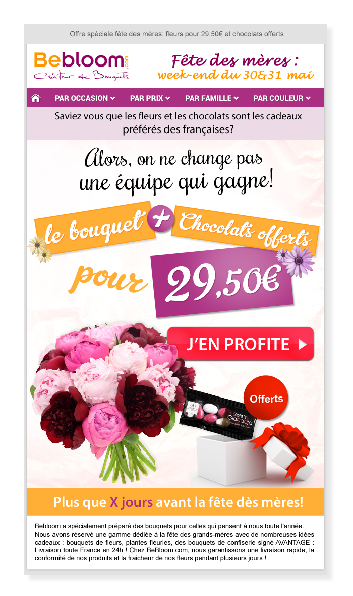 Email Bebloom le bouquet + chocolats offerts